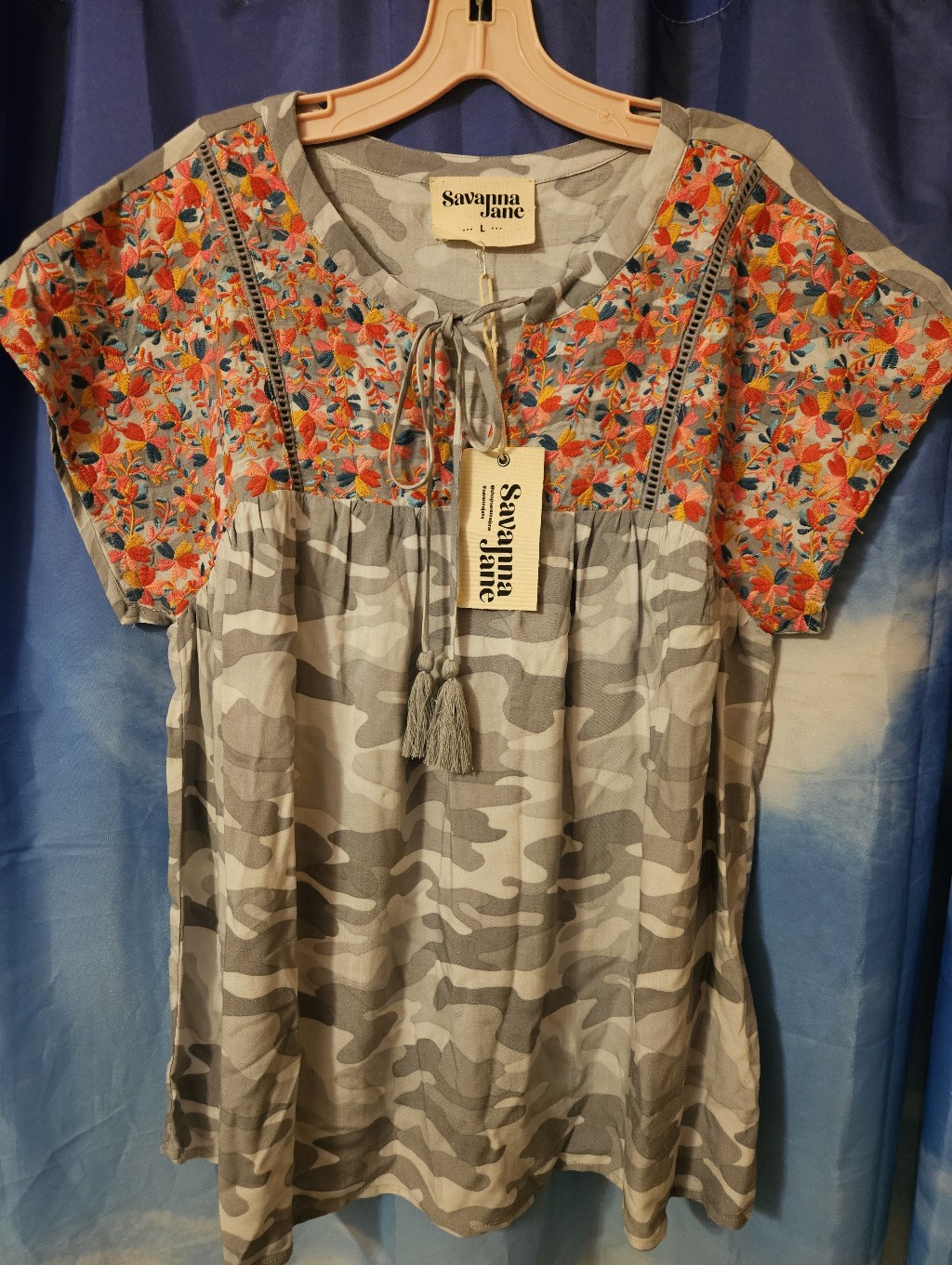 Savanna Jane Gray Camo Tunic With Bright Floral Lovely Embroidered Design